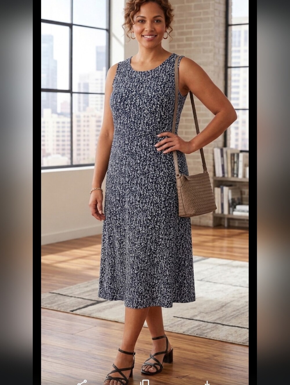Sleeveless Navy and White Midi Dress Stretchy Comfort Fit And Flare